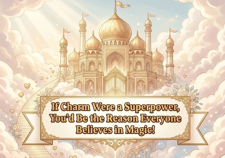 "Celestial golden palace above clouds with staircase and roses, featuring the banner quote: 'If Charm Were a Superpower, You’d Be the Reason Everyone Believes in Magic!'"