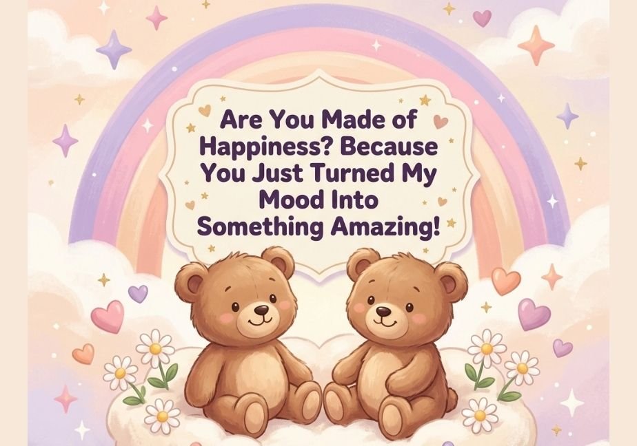 "Cute digital illustration of two teddy bears on clouds under a pastel rainbow, with a central panel quote: 'Are You Made of Happiness? Because You Just Turned My Mood Into Something Amazing!'"