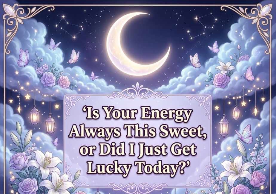 "Ethereal night garden with a glowing crescent moon, white lilies, and lanterns, featuring the quote: 'Is Your Energy Always This Sweet, or Did I Just Get Lucky Today?'"