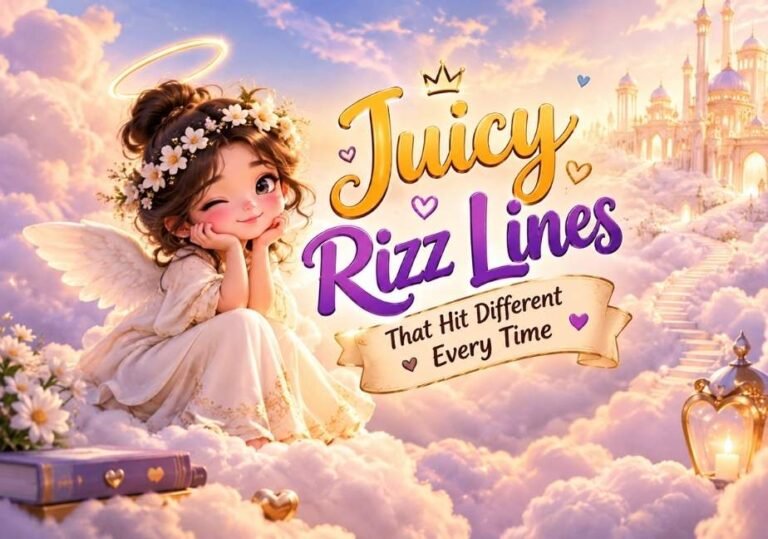 "Cute winking angel sitting on a cloud next to a golden palace in the sky, with the title text 'Juicy Rizz Lines That Hit Different Every Time.'"