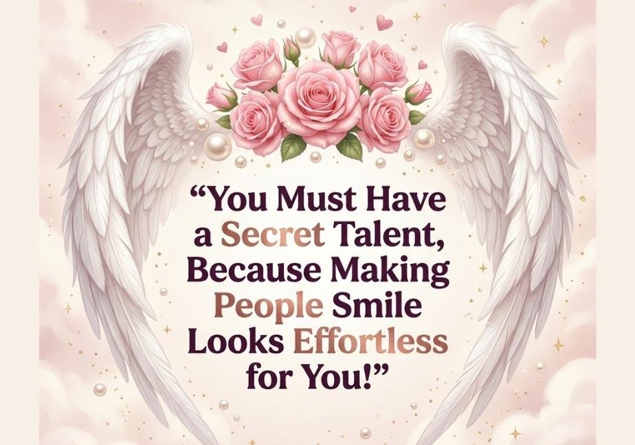 "Heavenly design with large white angel wings framing pink roses and gold sparkles, centered around the quote: 'You Must Have a Secret Talent, Because Making People Smile Looks Effortless for You!'"