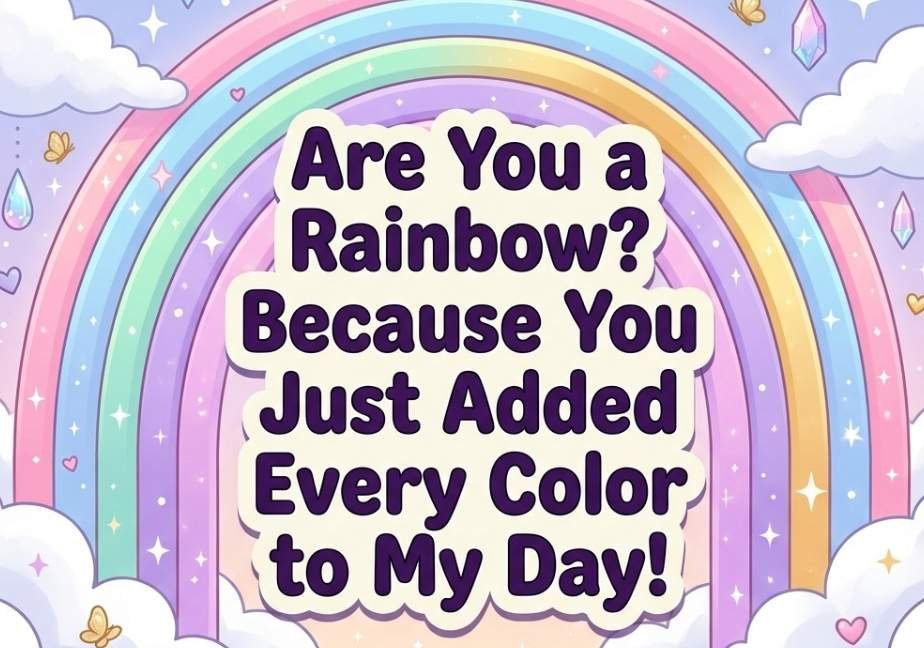 "Vibrant pastel rainbow over clouds with floating hearts and crystals, featuring a bold quote panel: 'Are You a Rainbow? Because You Just Added Every Color to My Day!'"