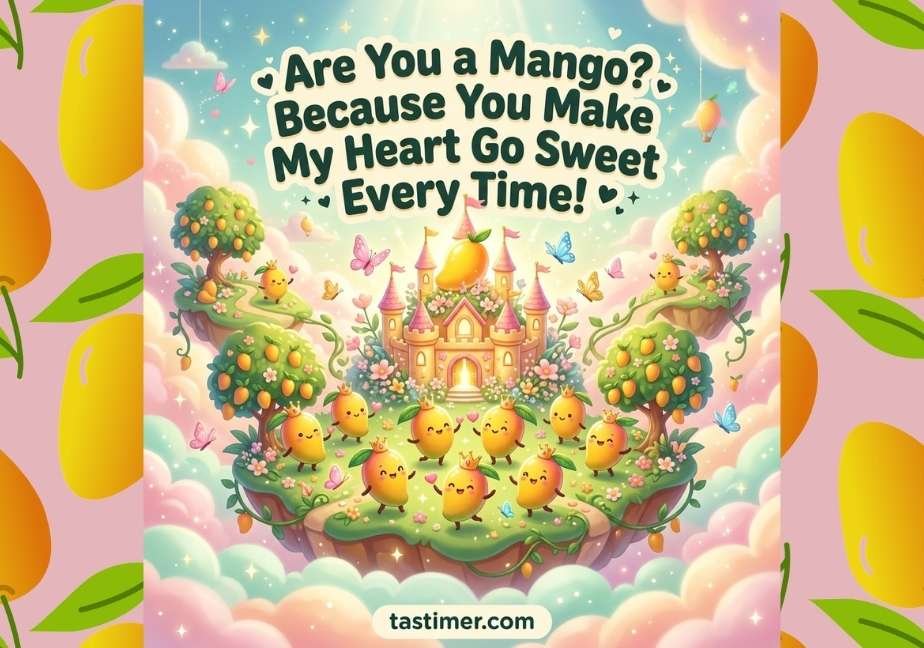 Cute 3D mango characters wearing golden crowns celebrating in a floating kingdom above pastel clouds with the text "Are You a Mango? Because You Make My Heart Go Sweet Every Time!"