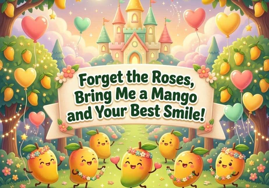Happy mango characters holding flower garlands dancing in front of a castle with the banner text "Forget the Roses, Bring Me a Mango and Your Best Smile!"