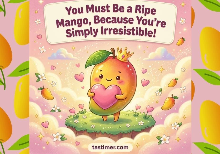 Adorable blushing mango character holding a pink heart on a cloud island with the quote "You Must Be a Ripe Mango, Because You’re Simply Irresistible!" on a cream banner.