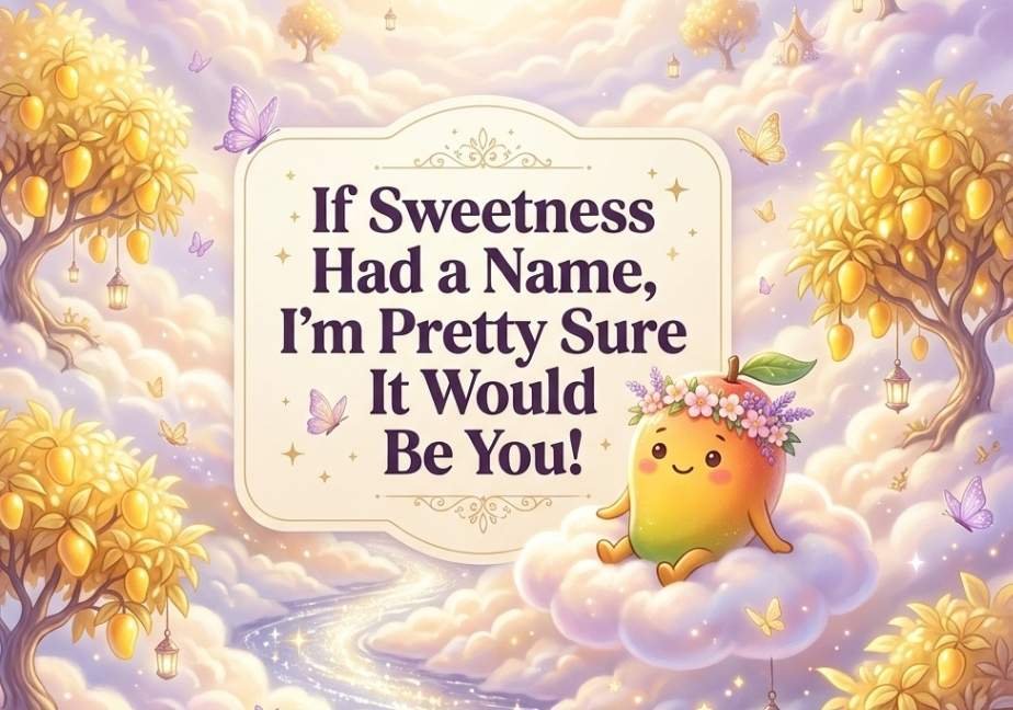 Cute mango character in a flower crown resting on a cloud in a fantasy garden with the quote "If Sweetness Had a Name, I’m Pretty Sure It Would Be You!"