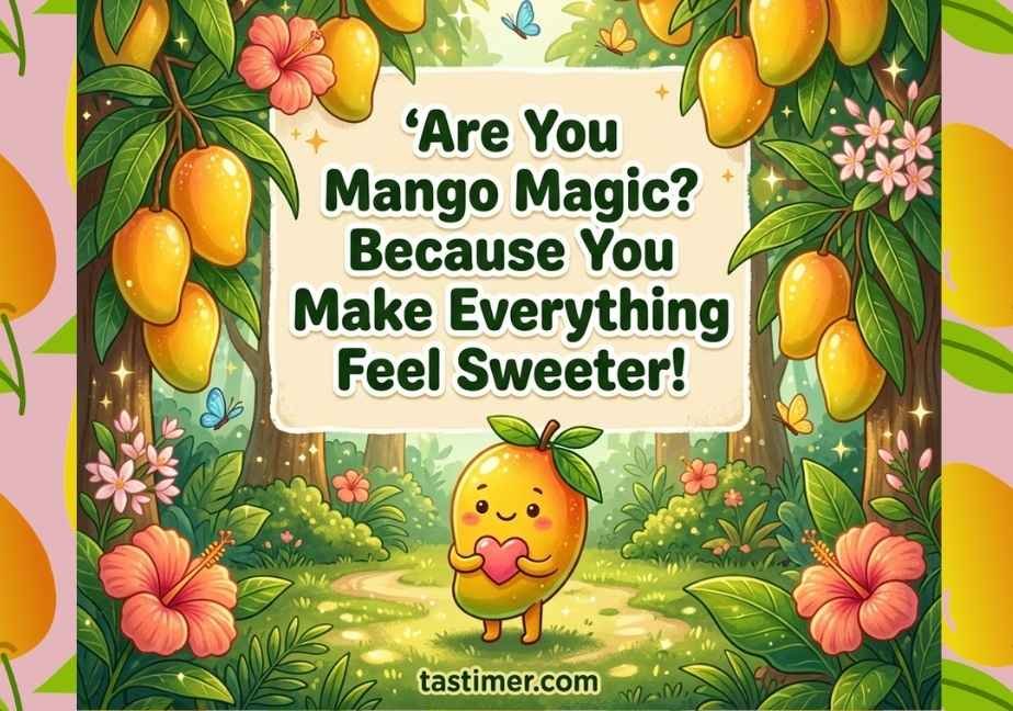 Cute mango mascot holding a heart surrounded by tropical hibiscus flowers and mango trees with the text "Are You Mango Magic? Because You Make Everything Feel Sweeter!"
