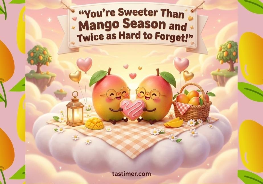 Two cute mango characters wearing glasses and sharing a heart on a picnic cloud with the text "You’re Sweeter Than Mango Season and Twice as Hard to Forget!"