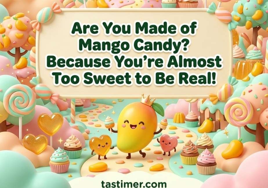 Cute mango mascot in a candy land full of mango-shaped treats and lollipops with the text "Are You Made of Mango Candy? Because You’re Almost Too Sweet to Be Real!"