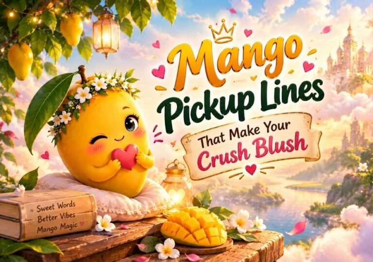 Cute winking mango character in a flower crown holding a pink heart next to the title "Mango Pickup Lines That Make Your Crush Blush