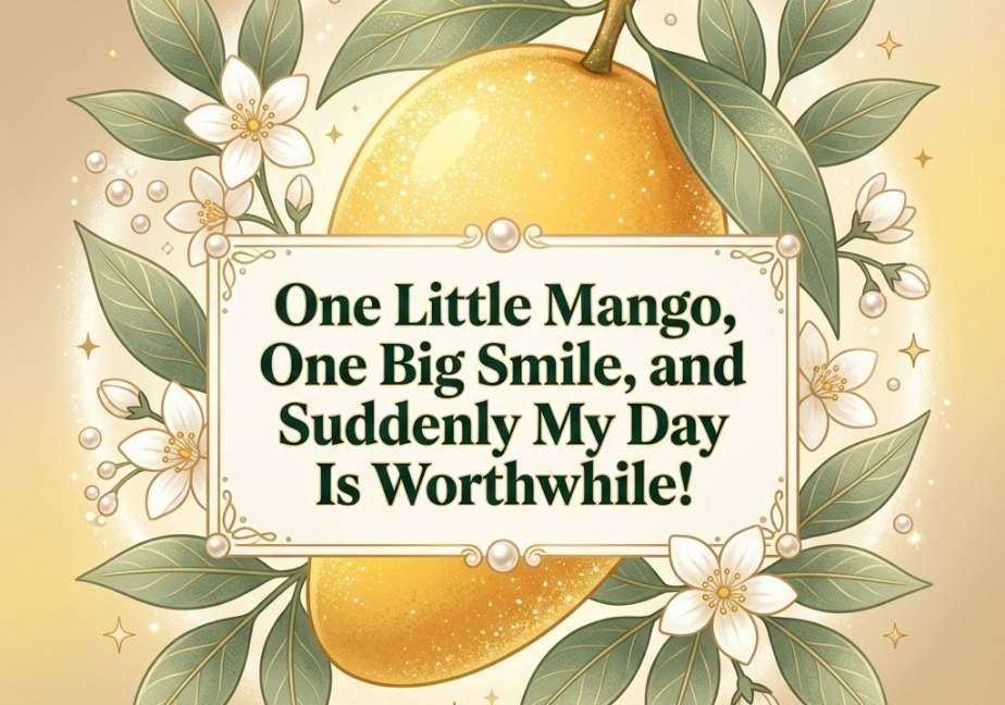 Luxurious golden mango illustrated with delicate white blossoms and pearl droplets around a central text frame reading "One Little Mango, One Big Smile, and Suddenly My Day Is Worthwhile!"