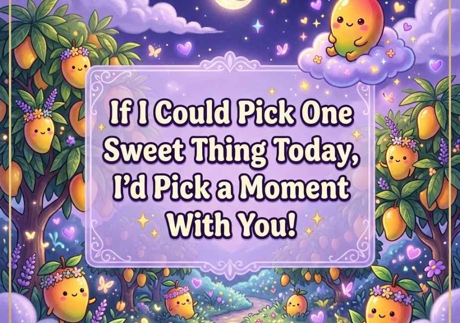 Cute mango character sitting on a cloud beneath a crescent moon in a twilight garden with the quote "If I Could Pick One Sweet Thing Today, I’d Pick a Moment With You!"