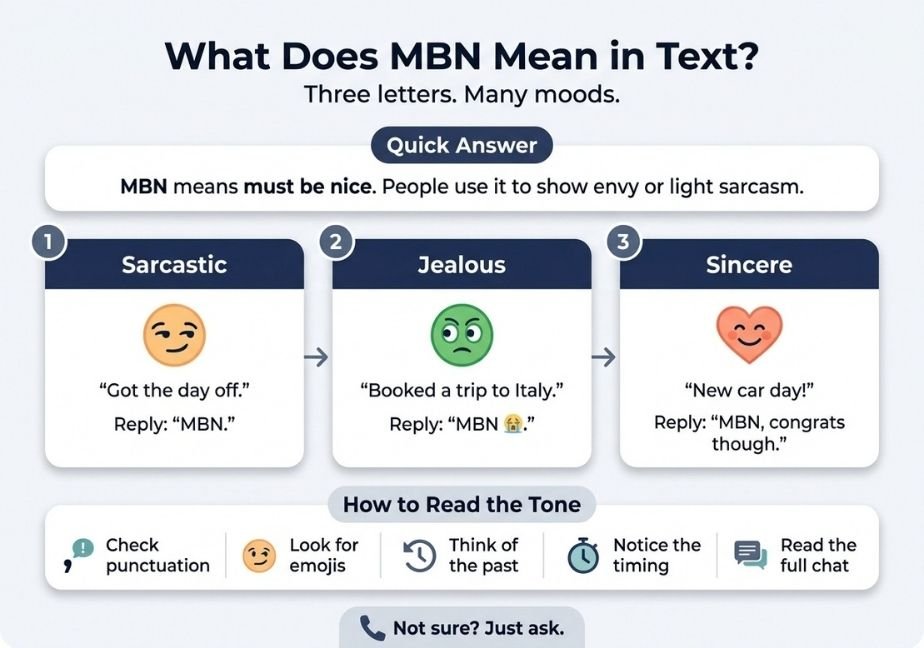 Flat design educational infographic titled "What Does MBN Mean in Text?" with subtitle "Three letters. Many moods." Features a "Quick Answer" box explaining that MBN stands for "must be nice," used to show envy or light sarcasm. Includes three numbered cards illustrating tones: 1. Sarcastic (smirking face icon, example: "Got the day off" / "MBN"), 2. Jealous (green-eyed face, example: "Booked a trip to Italy" / "MBN 😭"), and 3. Sincere (heart face, example: "New car day!" / "MBN, congrats though"). Bottom section features tone tips and a footer reading "Not sure? Just ask."