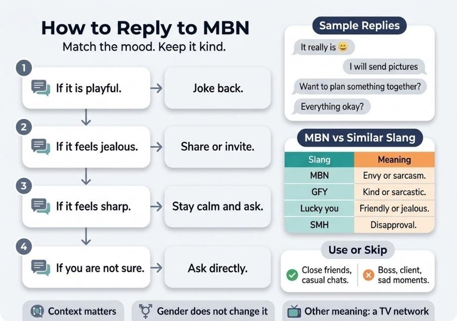 Flat design educational infographic titled "How to Reply to MBN" with subtitle "Match the mood. Keep it kind." Displays a decision flow on the left with four steps: 1. "If it is playful" $\rightarrow$ "Joke back," 2. "If it feels jealous" $\rightarrow$ "Share or invite," 3. "If it feels sharp" $\rightarrow$ "Stay calm and ask," and 4. "If you are not sure" $\rightarrow$ "Ask directly." The right side features cards with sample text replies, an "MBN vs Similar Slang" comparison table (MBN, GFY, Lucky you, SMH), and a "Use or Skip" guide. Bottom footer highlights context and secondary meanings.