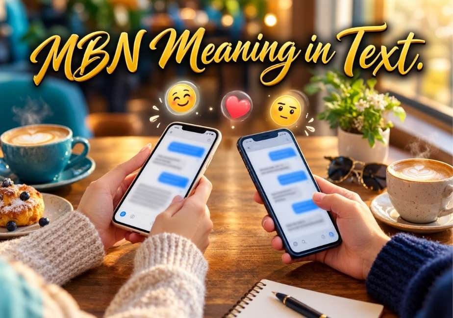A warm, close-up photo of two people sitting across a wooden cafe table holding smartphones displaying text messaging apps. Above the phones, floating emoji icons (a smiling face, a red heart, and a neutral face) represent texting moods. The table is decorated with cups of latte art coffee, pastries, glasses, and a notebook with a pen. Golden script overlay text at the top reads "MBN Meaning in Text."