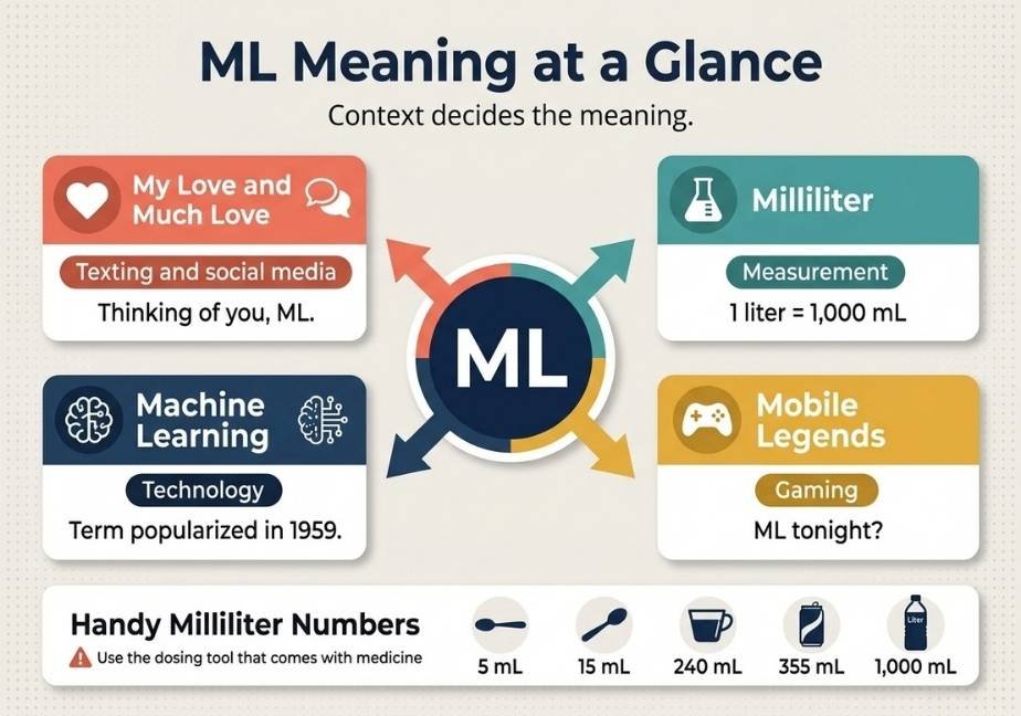 A flat vector landscape infographic titled "ML Meaning at a Glance" with the subtitle "Context decides the meaning." It features a hub-and-spoke layout centered on a navy circle with the white letters "ML." Four arrows point to cards in a 2x2 grid representing different meanings of ML: top-left coral card for "My Love and Much Love" (Texting/social media) with a heart icon; top-right teal card for "Milliliter" (Measurement) with a beaker icon; bottom-left navy card for "Machine Learning" (Technology) with a brain icon; and bottom-right golden yellow card for "Mobile Legends" (Gaming) with a game controller icon. A bottom section titled "Handy Milliliter Numbers" displays standard volume conversions from 5 mL to 1,000 mL alongside a medicine dosing warning icon.