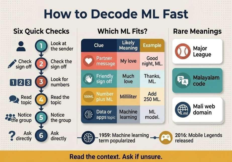 A flat vector landscape infographic titled "How to Decode ML Fast" structured into three main vertical sections above a bottom timeline and banner. The left section, "Six Quick Checks," lists a numbered 6-step flowchart for evaluating context. The middle section, "Which ML Fits?," features a comparison table showing clues, meanings, and examples. The right section, "Rare Meanings," shows stacked cards for Major League, Malayalam code, and Mali web domain. At the bottom, a timeline marks key dates for Machine Learning (1959) and Mobile Legends (2016), concluding with a golden yellow footer bar reading "Read the context. Ask if unsure