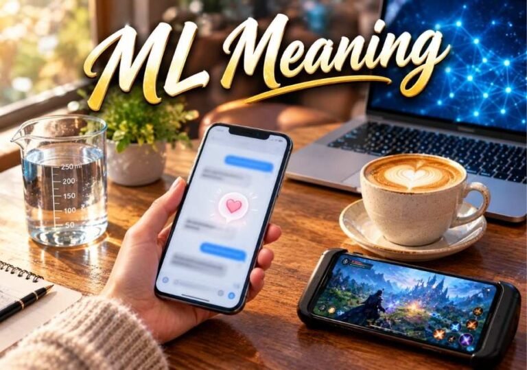 A high-angle photo on a wooden table displaying objects that represent different meanings of the abbreviation "ML," topped with bold cursive text reading "ML Meaning." A hand holds a smartphone showing a messaging app with a pink heart bubble (representing "My Love/Much Love"). Next to it sits a second phone laying horizontally, displaying a fantasy video game screen (representing "Mobile Legends"). On the left is a glass beaker with milliliter measurements filled with water ("Milliliter"), and in the background is a laptop displaying a digital network node graphic ("Machine Learning"), alongside a warm cup of latte art and a notebook.