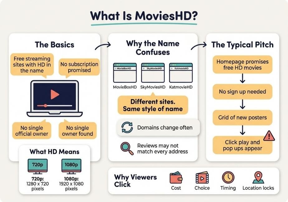 Flat design infographic titled "What Is MoviesHD?" explaining the name's meaning, site confusion, and typical viewer process in three columns.