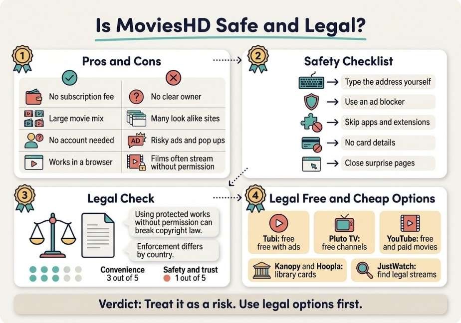 Flat design infographic titled "Is MoviesHD Safe and Legal?" featuring pros/cons, a safety checklist, legal checks, and legal alternatives.