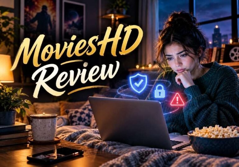 A woman sitting with a laptop and popcorn at night under stylized text reading "MoviesHD Review," surrounded by glowing cybersecurity icons.