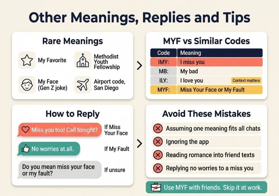 Flat design infographic titled "Other Meanings, Replies and Tips" in a 2x2 grid format:   Rare Meanings: Icons and labels for "My Favorite", "Methodist Youth Fellowship", "My Face (Gen Z joke)", and "Airport code, San Diego".   MYF vs Similar Codes: Comparison table listing IMY, MB, ILY, and MYF (highlighted in yellow with a "Context matters" tag).   How to Reply: Three text bubbles providing response examples labeled "If Miss Your Face", "If My Fault", and "If unsure".   Avoid These Mistakes: Four checklist items marked with red X icons.   Footer: Green banner reading "Use MYF with friends. Skip it at work."