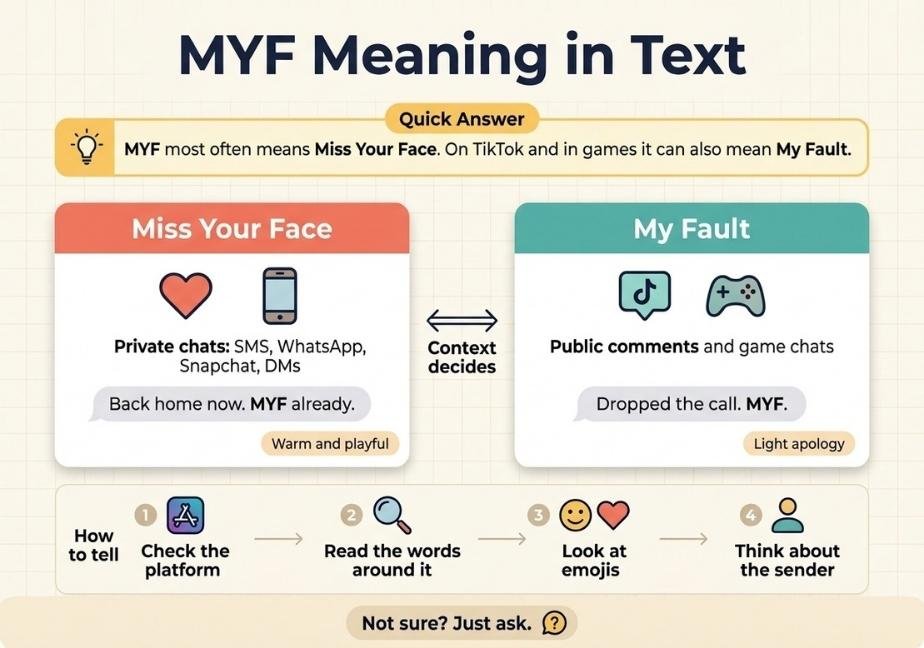 Flat design infographic titled "MYF Meaning in Text":   Quick Answer: Top callout stating MYF means "Miss Your Face" or "My Fault".   Main Cards: Side-by-side comparison for "Miss Your Face" (private chats) vs. "My Fault" (public/game chats) joined by a "Context decides" arrow.   How to Tell: Four-step horizontal process numbered 1 through 4.   Footer: Slim banner reading "Not sure? Just ask."