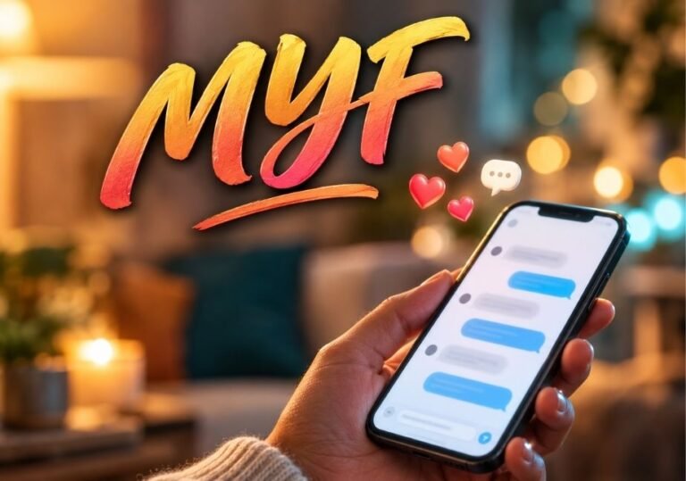 Close-up of a person holding a smartphone showing a messaging app. Large brush-script text reading "MYF" in a yellow-to-red gradient floats in the top left, accompanied by 3D heart and speech bubble icons.