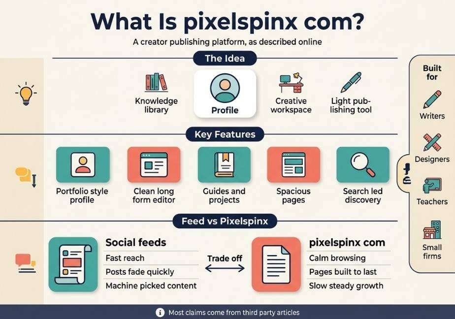 Flat design infographic titled 'What Is pixelspinx com?' breaking down the platform into three bands: The Idea, Key Features (portfolio, editor, guides, spacious pages, search discovery), and a Feed vs. Pixelspinx comparison detailing slow steady growth over social feeds.