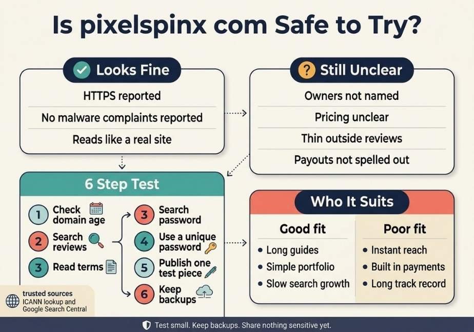 Flat design safety analysis infographic for pixelspinx com featuring a 2x2 grid covering platform pros (Looks Fine), remaining concerns (Still Unclear), a 6-step testing workflow, and a breakdown of who the platform suits best.
