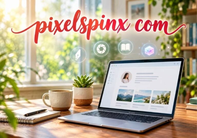 Bright wooden desk workspace with a modern open laptop displaying a portfolio website, accompanied by a coffee cup, notebook, indoor plants, floating creator icons, and red script text overlay reading 'pixelspinx com'
