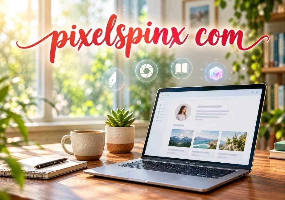Bright wooden desk workspace with a modern open laptop displaying a portfolio website, accompanied by a coffee cup, notebook, indoor plants, floating creator icons, and red script text overlay reading 'pixelspinx com'
