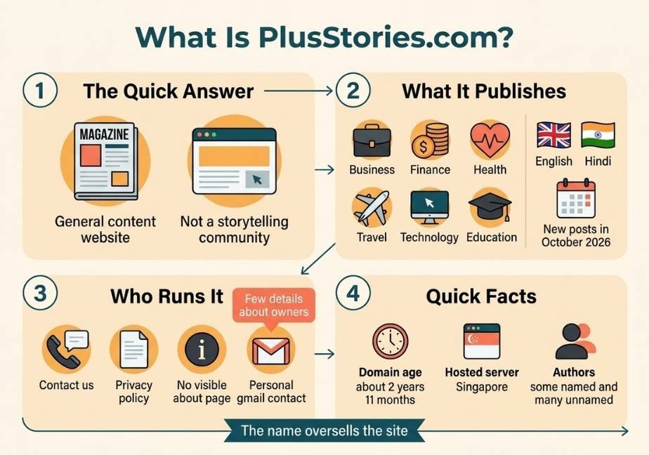 Infographic overview of PlusStories.com covering site purpose, topics, contact info, and site facts.