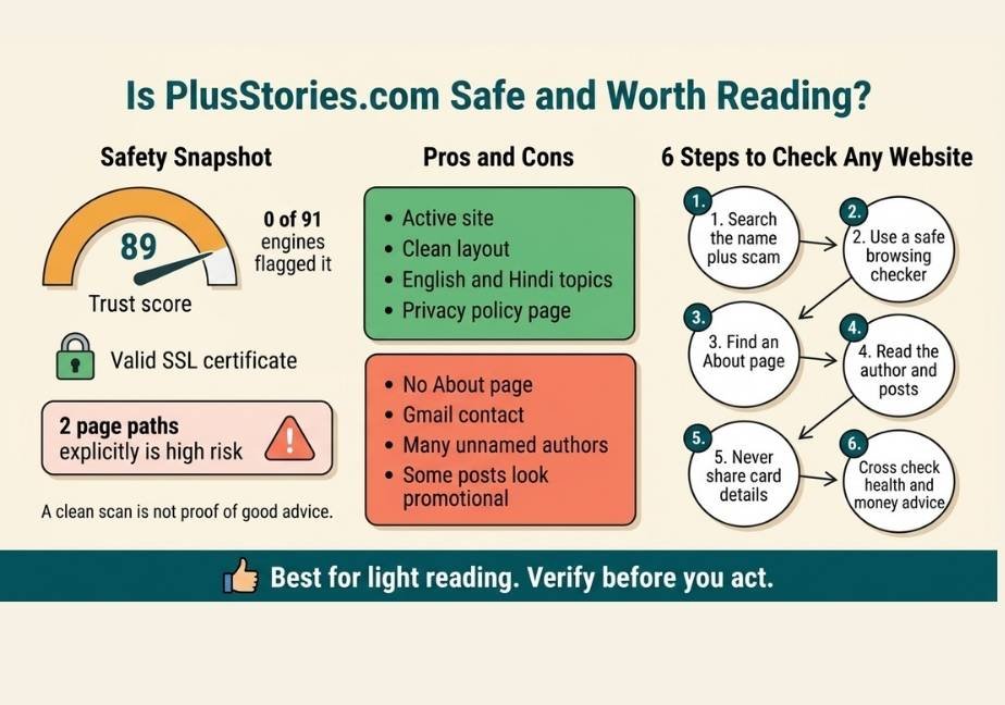 Safety evaluation infographic for PlusStories.com featuring a trust score gauge, pros and cons, and a website verification checklist.