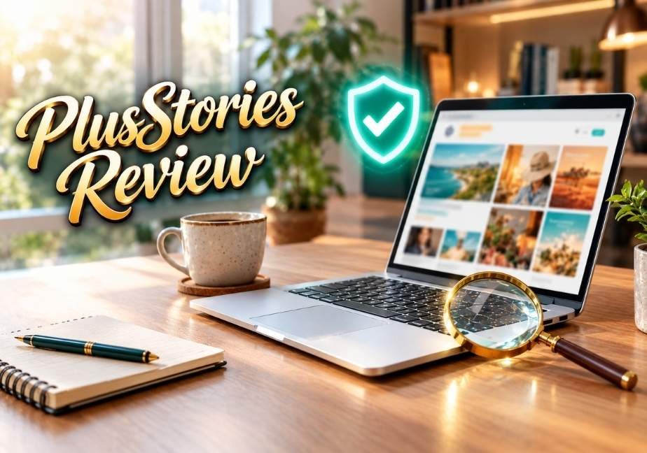 Desktop photograph titled "PlusStories Review" showing a laptop, coffee, magnifying glass, and a glowing security checkmark.
