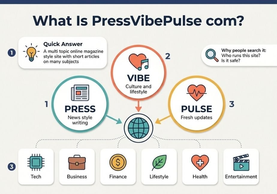 An infographic titled "What Is PressVibePulse com?" explaining the website's structure and topics. A "Quick Answer" box describes it as a multi-topic online magazine site. A central diagram breaks down the name into three parts: "PRESS" (news style writing), "VIBE" (culture and lifestyle), and "PULSE" (fresh updates), all linking to a central globe icon. A bottom row of six cards highlights content categories: Tech, Business, Finance, Lifestyle, Health, and Entertainment. A small callout note asks why people search the site.