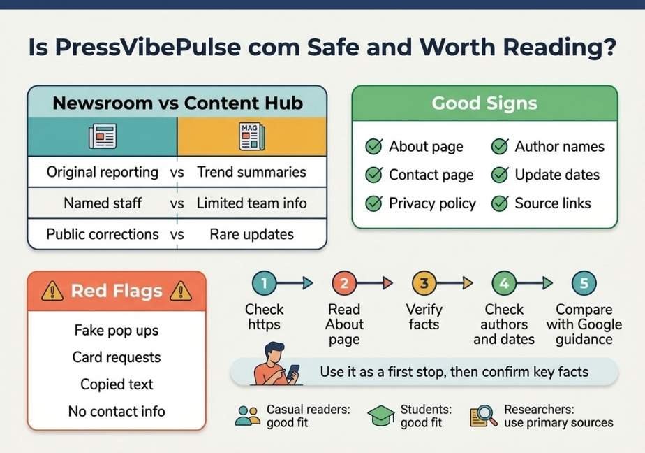 An infographic titled "Is PressVibePulse com Safe and Worth Reading?" divided into four sections. Section 1 compares a "Newsroom vs Content Hub" (original reporting vs trend summaries). Section 2 lists "Good Signs" like an About page, contact info, and author names with green checkmarks. Section 3 lists "Red Flags" like fake pop-ups and card requests with red warning icons. Section 4 shows a 5-step evaluation process: Check HTTPS, Read About page, Verify facts, Check authors/dates, and Compare with Google guidance, ending with a tip to use the site as a starting point and confirm key facts.