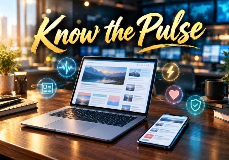 An open laptop and smartphone display a news magazine website on a wooden desk in a modern newsroom setting. Glowing digital icons surround the devices, including a newspaper, heartbeat line, lightning bolt, heart, and security shield. Prominently displayed at the top in metallic gold brush script is the phrase "Know the Pulse".