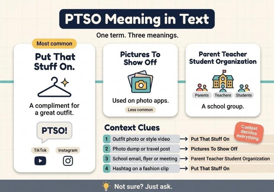 Alt Text: A flat-design educational infographic titled "PTSO Meaning in Text: One term. Three meanings." set on an off-white grid background. Three main cards display the definitions: the first, highlighted as "Most common," details "Put That Stuff On" (a compliment for a great outfit) with social app tags; the second shows "Pictures To Show Off" (used on photo apps); and the third outlines "Parent Teacher Student Organization" (a school group) with an icon of a school and people silhouettes. Below, a "Context Clues" decision chart maps four posting scenarios to their respective meanings, accompanied by a coral sticker stating "Context decides everything" and a footer reminding "Not sure? Just ask."