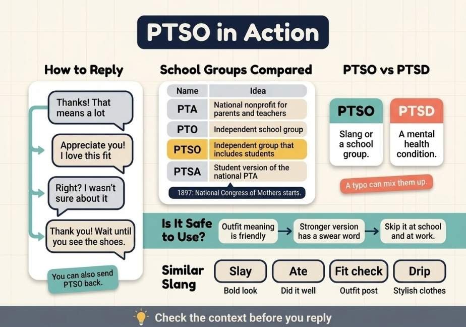 A flat-design infographic titled "PTSO in Action" on an off-white grid background covering replies, school groups, and usage safety. The left section, "How to Reply," displays four stacked speech bubbles showing sample response texts. The center section features a table titled "School Groups Compared," breaking down PTA, PTO, PTSO (highlighted in yellow), and PTSA, along with an etymology timeline marker. The right section compares "PTSO vs PTSD" to prevent confusion with the mental health condition. Lower panels include an "Is It Safe to Use?" flow chart, a "Similar Slang" row defining terms like Slay and Drip, and a footer banner advising "Check the context before you reply."