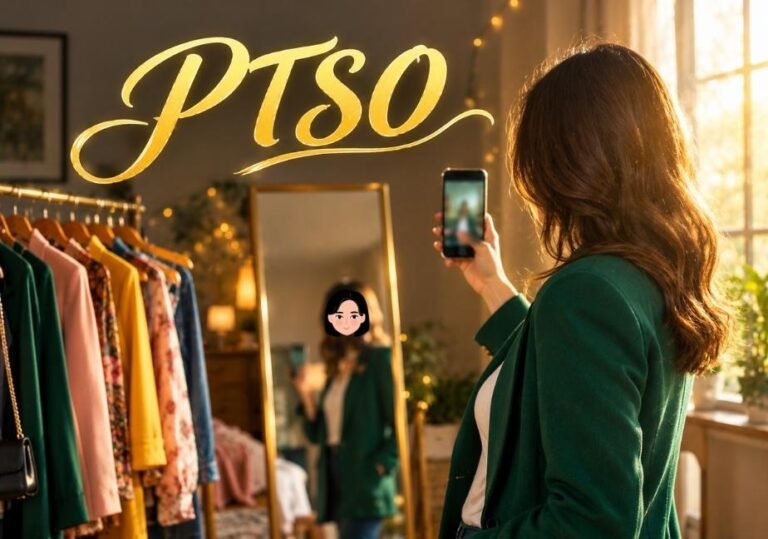 Alt Text: A young woman seen from behind in a warm, cozy room filled with ambient fairy lights and natural sunlight streaming through a window. Dressed in a dark green blazer over a white top, she holds up a smartphone to snap a mirror selfie in front of a full-length, gold-framed floor mirror. To her left, a clothing rack displays a colorful selection of jackets and dresses. In the upper left corner of the scene, the letters "PTSO" float prominently in a glowing, gold cursive script.