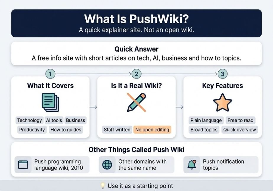 A flat design landscape infographic titled "What Is PushWiki?" with the subtitle "A quick explainer site. Not an open wiki." It features a white and light gray background with dark navy, teal, and soft orange accents. A top banner highlights the "Quick Answer" as a free info site with short articles on tech, AI, business, and how-to guides. The middle section divides into three cards: "What It Covers" with a stack of pages icon, "Is It a Real Wiki?" displaying a crossed-out pencil icon with labels "Staff written" and "No open editing," and "Key Features" with a star icon. A lower strip covers "Other Things Called Push Wiki," and a bottom banner advises, "Use it as a starting point."