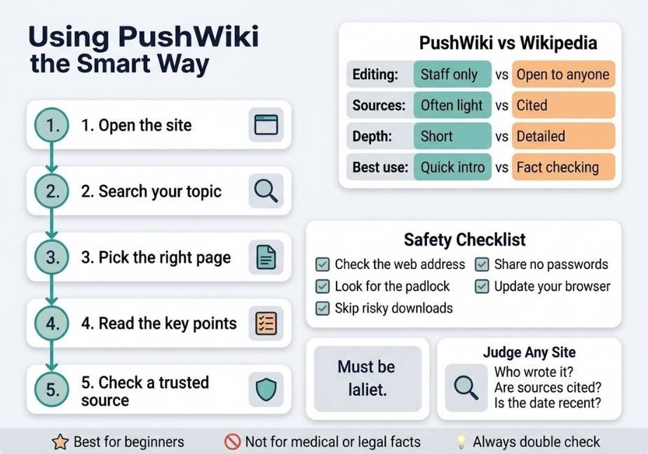 A flat design landscape infographic titled "Using PushWiki the Smart Way" with the subtitle "Read fast. Verify smart." On the left, a teal vertical flow guides users through five numbered steps: 1. Open the site, 2. Search your topic, 3. Pick the right page, 4. Read the key points, and 5. Check a trusted source. On the right, a comparison table highlights "PushWiki vs Wikipedia," accompanied by a "Safety Checklist" card and a "Judge Any Site" card. A footer banner across the bottom displays three icons with tips: "Best for beginners," "Not for medical or legal facts," and "Always double check."