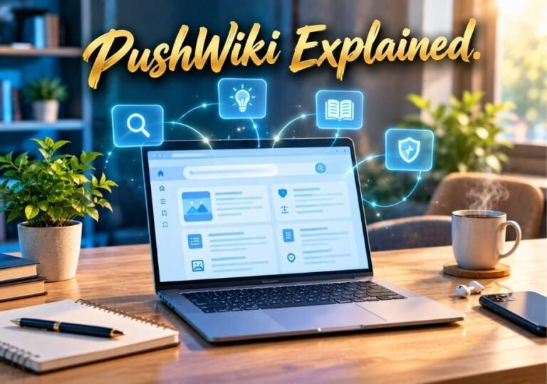 A stylized graphic featuring a modern laptop open on a wooden desk with gold cursive text at the top reading "PushWiki Explained." Glowing blue holographic icons—a magnifying glass, a lightbulb, an open book, and a shield—float above the laptop screen, which displays a clean web layout. Surrounding the laptop on the desk are a notebook with a pen, a potted green plant, a steaming mug of coffee, wireless earbuds, and a smartphone.