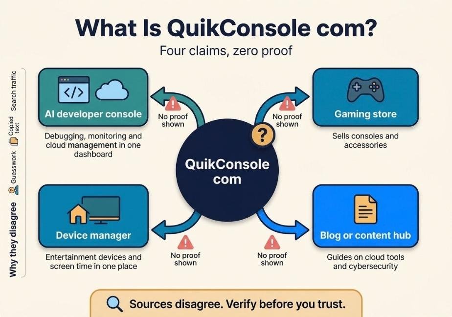 Flat design infographic titled "What Is QuikConsole com? Four claims, zero proof." A central navy circle connects via four curved arrows labeled "No proof shown" to cards detailing unverified claims: AI developer console, Gaming store, Device manager, and Blog/content hub. A vertical left bar shows "Why they disagree" citing Guesswork, Copied text, and Search traffic. A bottom banner advises, "Sources disagree. Verify before you trust."
