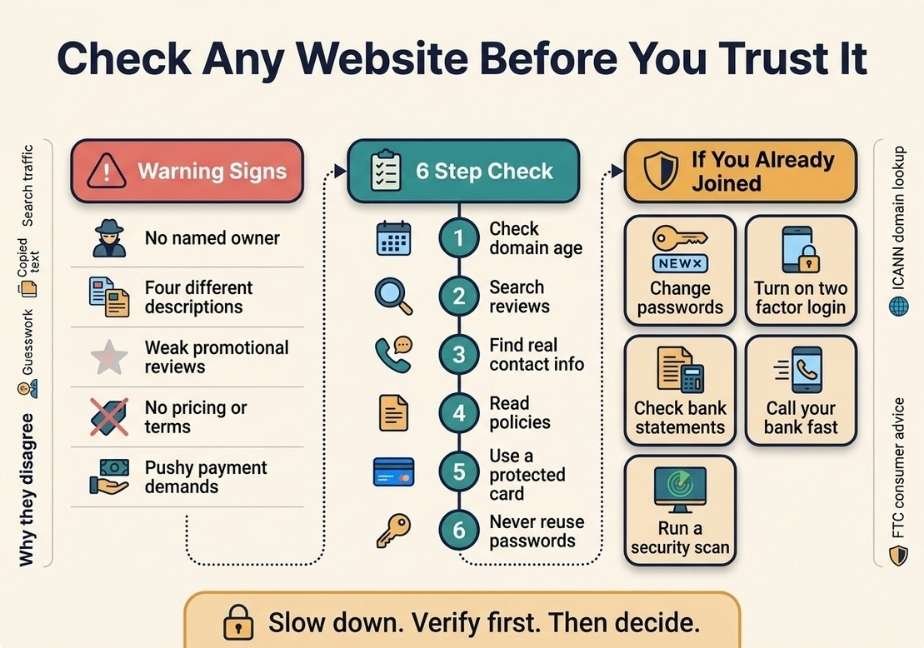 Flat design infographic titled "Check Any Website Before You Trust It" split into three sections connected by dotted arrows. "Warning Signs" lists common red flags like missing owners and pushy payment demands. "6 Step Check" outlines steps like checking domain age and searching reviews. "If You Already Joined" offers action items like changing passwords and calling your bank. A bottom banner reads, "Slow down. Verify first. Then decide."