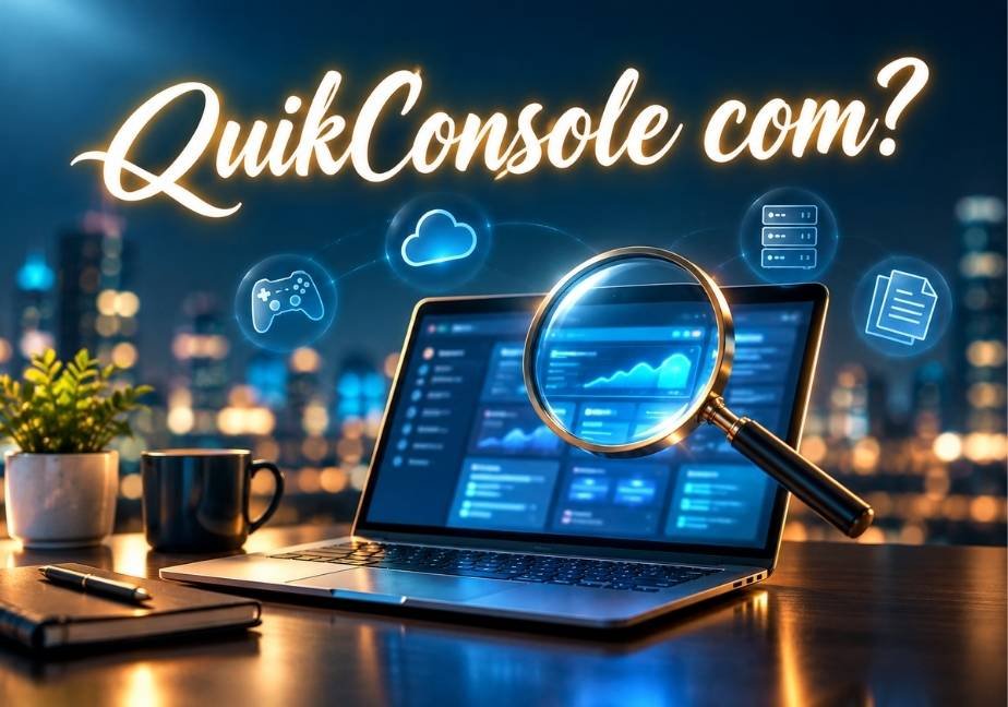 Glowing glowing cursive text reading "QuikConsole com?" above a laptop resting on a desk in front of a blurred nighttime city skyline. A magnifying glass hovers over the laptop screen display, surrounded by floating blue tech icons for gaming, cloud storage, servers, and documents.