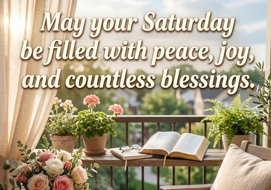 Cozy sunlit balcony with a steaming mug, fresh pink and white flowers, a soft cream blanket draped over a wooden chair, and an open Bible on a railing, with the text: “May your Saturday be filled with peace, joy, and countless blessings.”