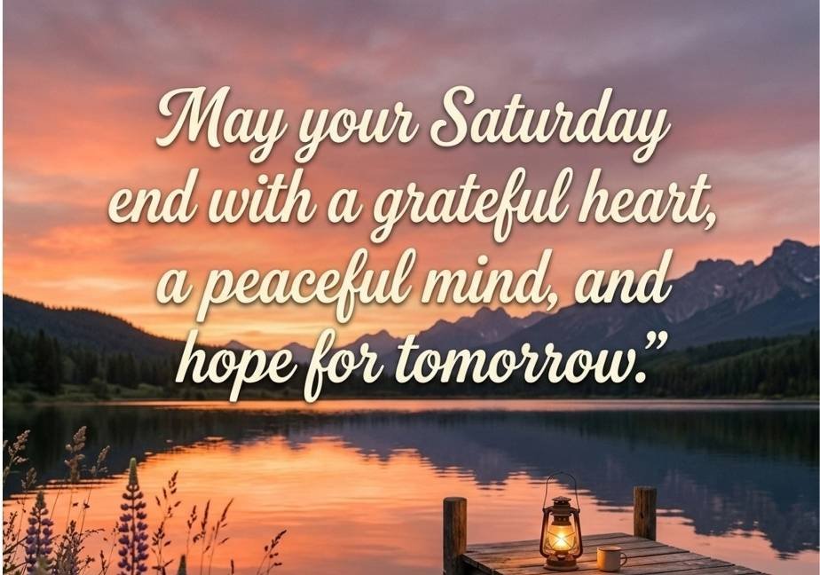 A serene sunset over a calm lake with a wooden dock, glowing lantern, and colorful wildflowers, overlaid with text: “May your Saturday end with a grateful heart, a peaceful mind, and hope for tomorrow.”