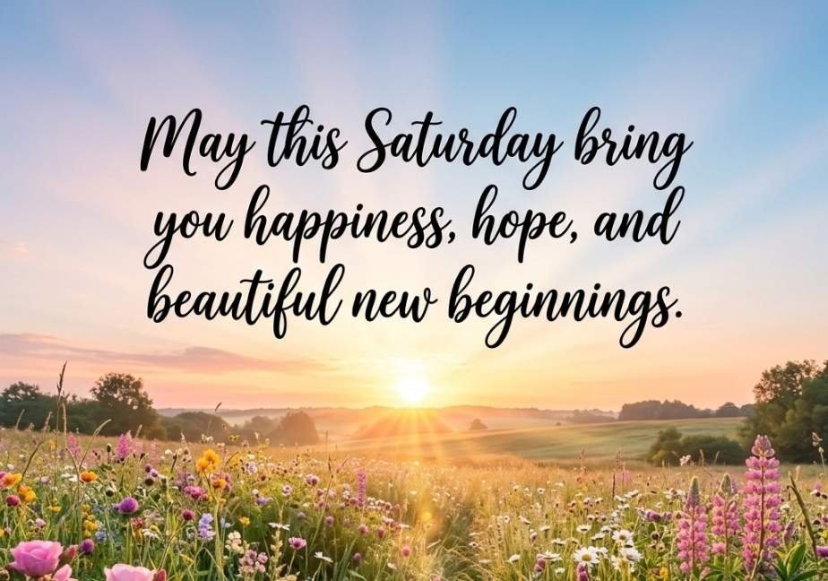 Sunlit meadow of pink and white wildflowers at sunrise, with soft golden light streaming across grass, featuring the blessing text: “May this Saturday bring you happiness, hope, and beautiful new beginnings.”